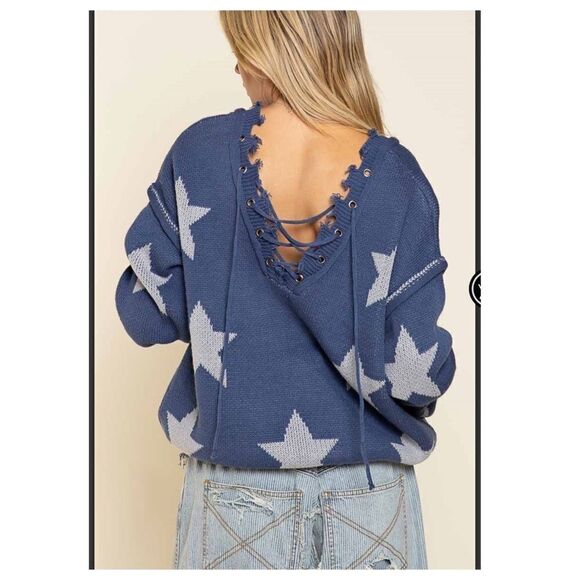 POL Bohemian sweater with tattered raw edges, and Lace up front and back - Picture 11 of 15